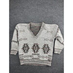 Southwestern Knit Sweater Mens Large Beige V Neck Geometric Aztec Pullover